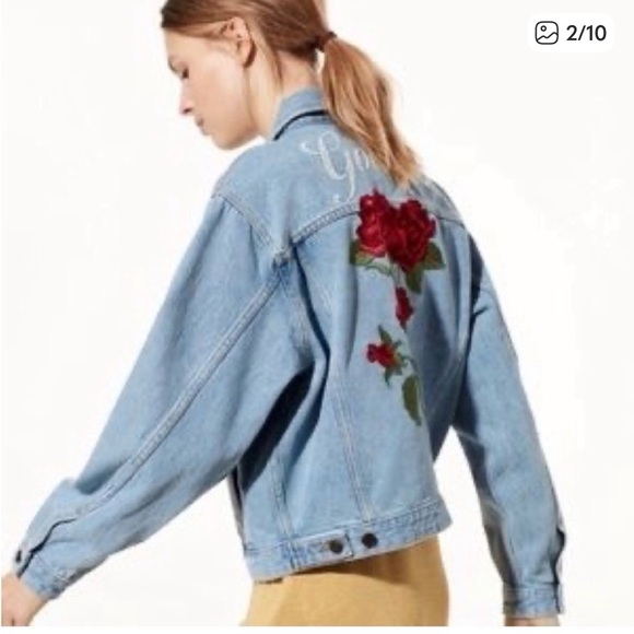 Aritzia Light Blue Denim Jacket with Red Floral Embroidery - Picture 2 of 7